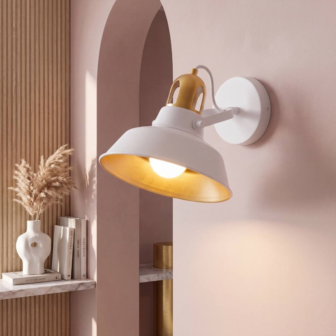 Aplique de pared SOHO blanco y dorado encendido junto a un arco sobre muro palo de rosa