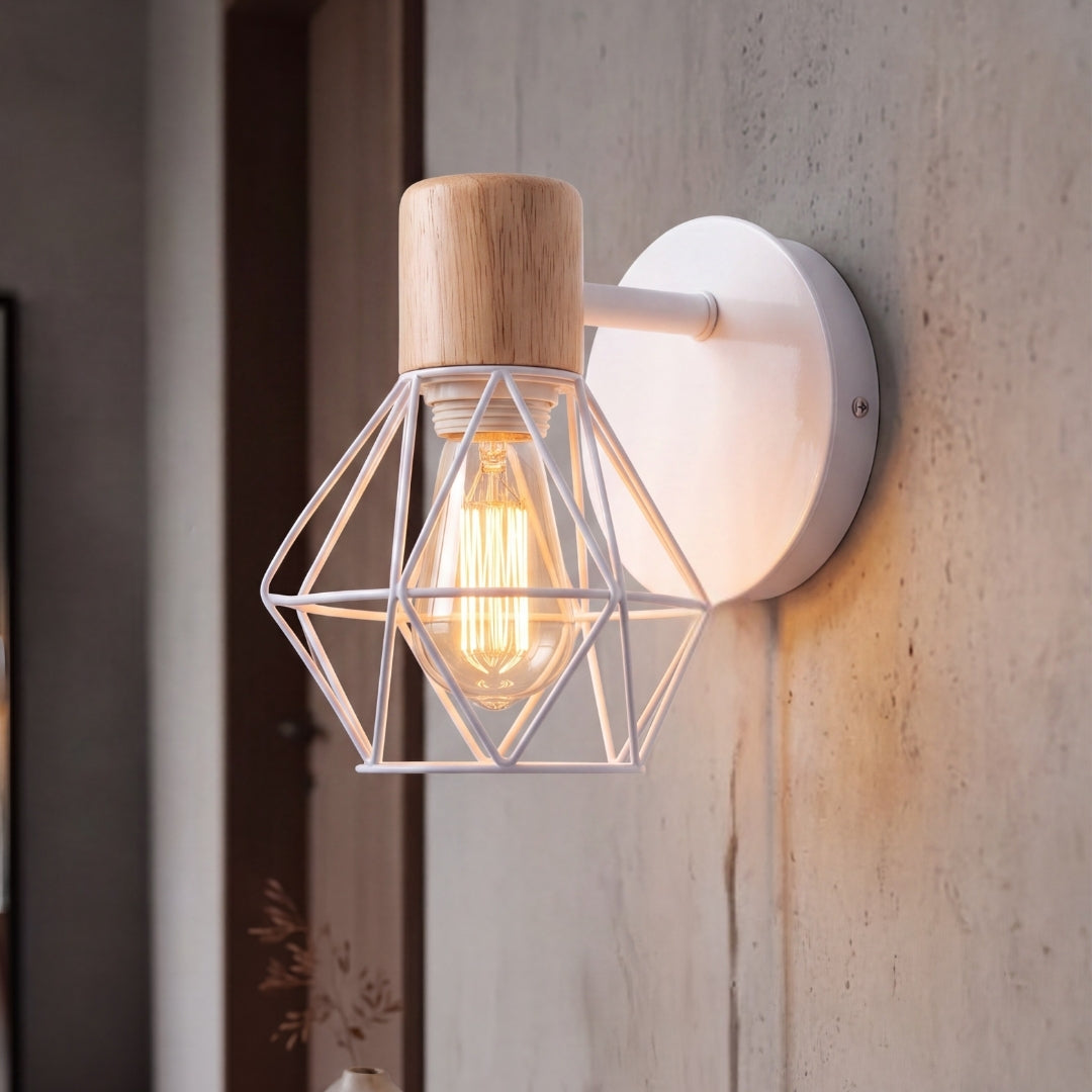 Aplique de pared DIAMANTE con jaula blanca y foco Edison encendido