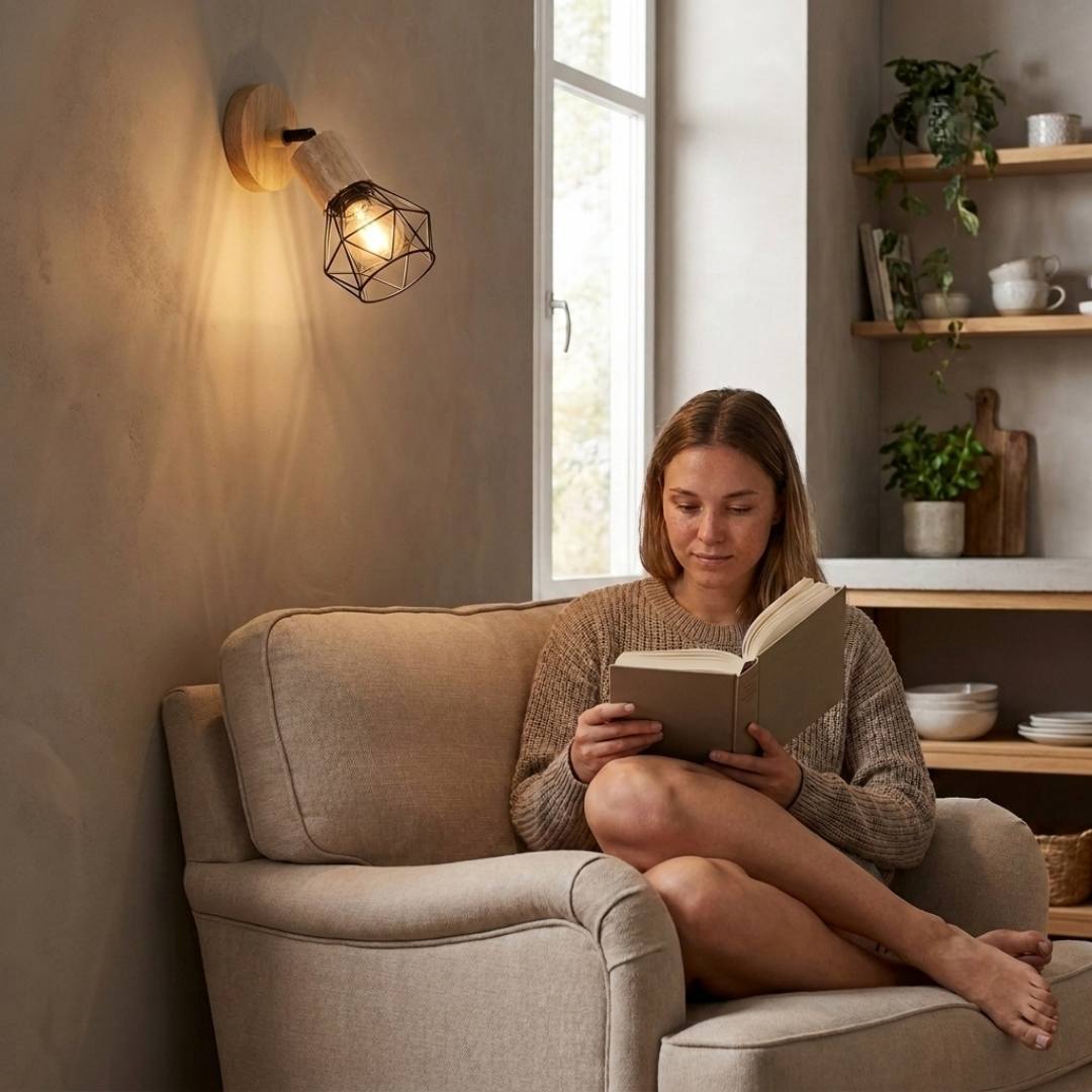 Mujer leyendo en un sillón bajo la luz cálida de un aplique de pared con jaula