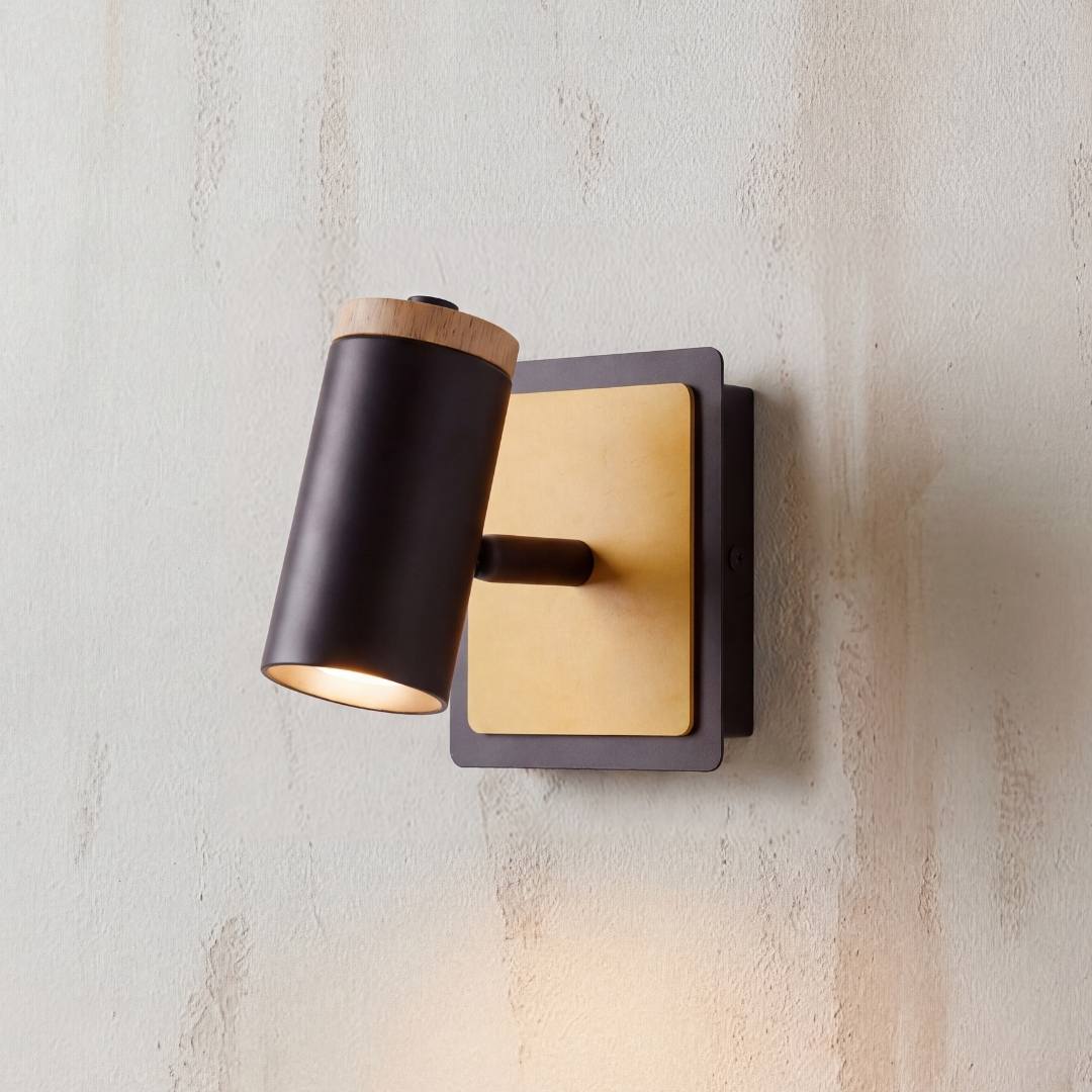 Aplique de pared ESTELA negro con tapa de madera y panel dorado