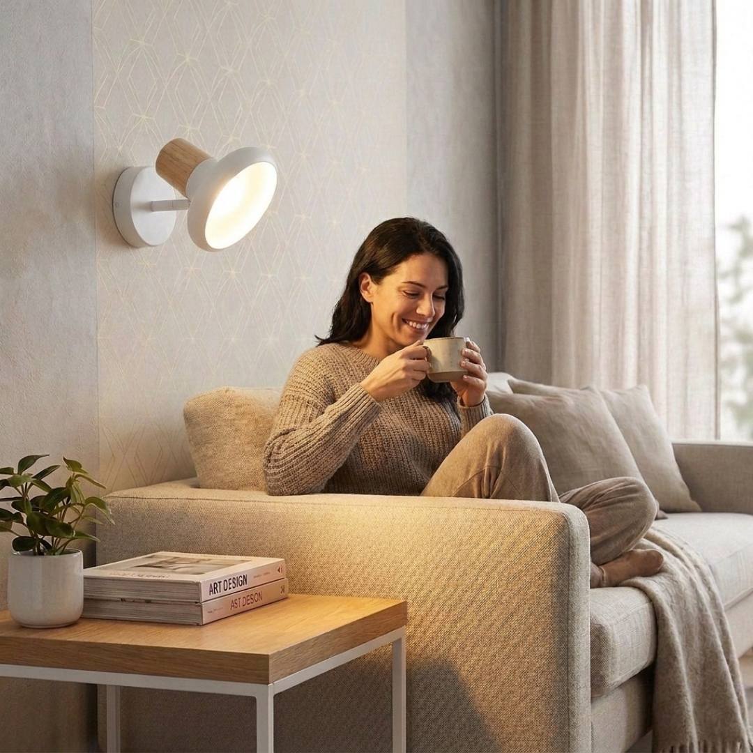 Aplique de pared blanco iluminando sala con persona leyendo