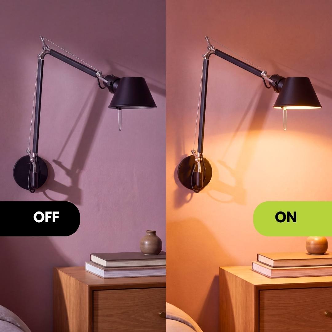 Aplique de pared Teo apagado y encendido en el mismo ambiente