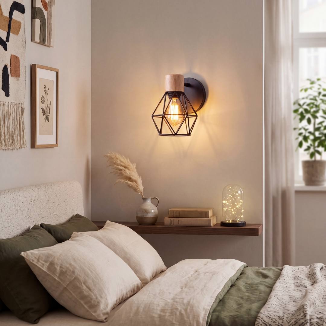 Aplique decorativo negro en dormitorio moderno con espejo y plantas