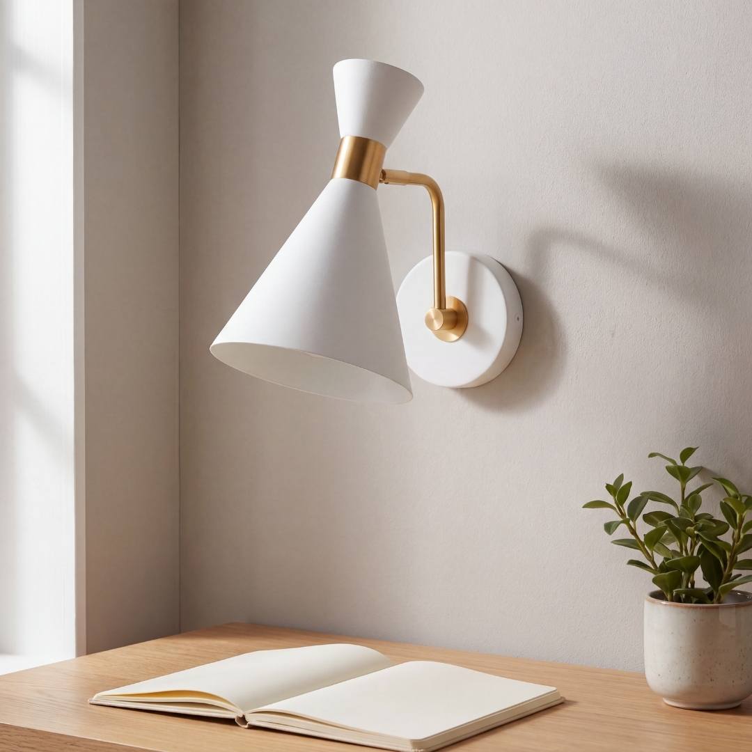 Aplique de pared blanco con brazo dorado sobre escritorio de madera