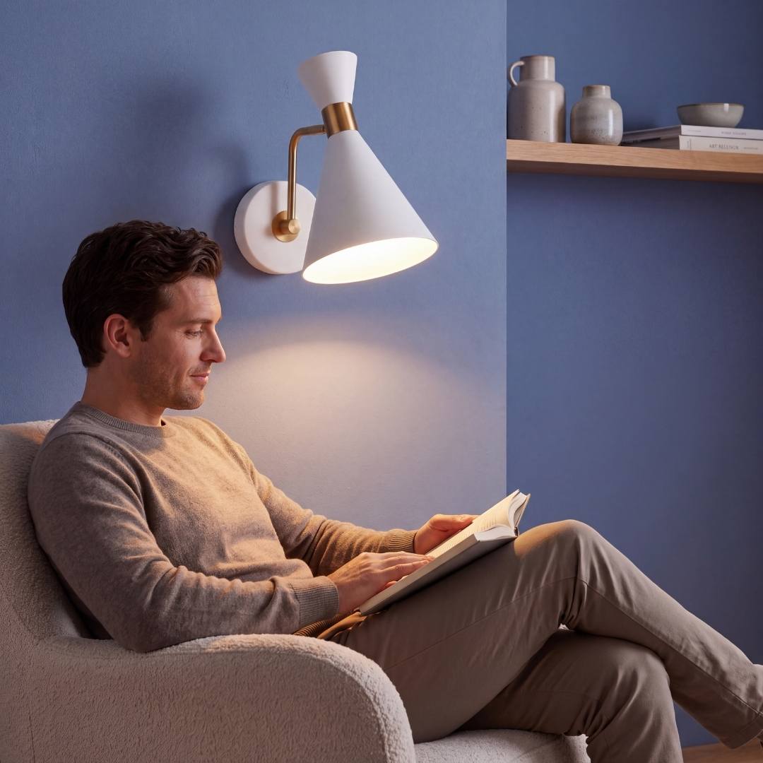 Hombre leyendo en sillón bajo la luz del aplique de pared blanco y dorado