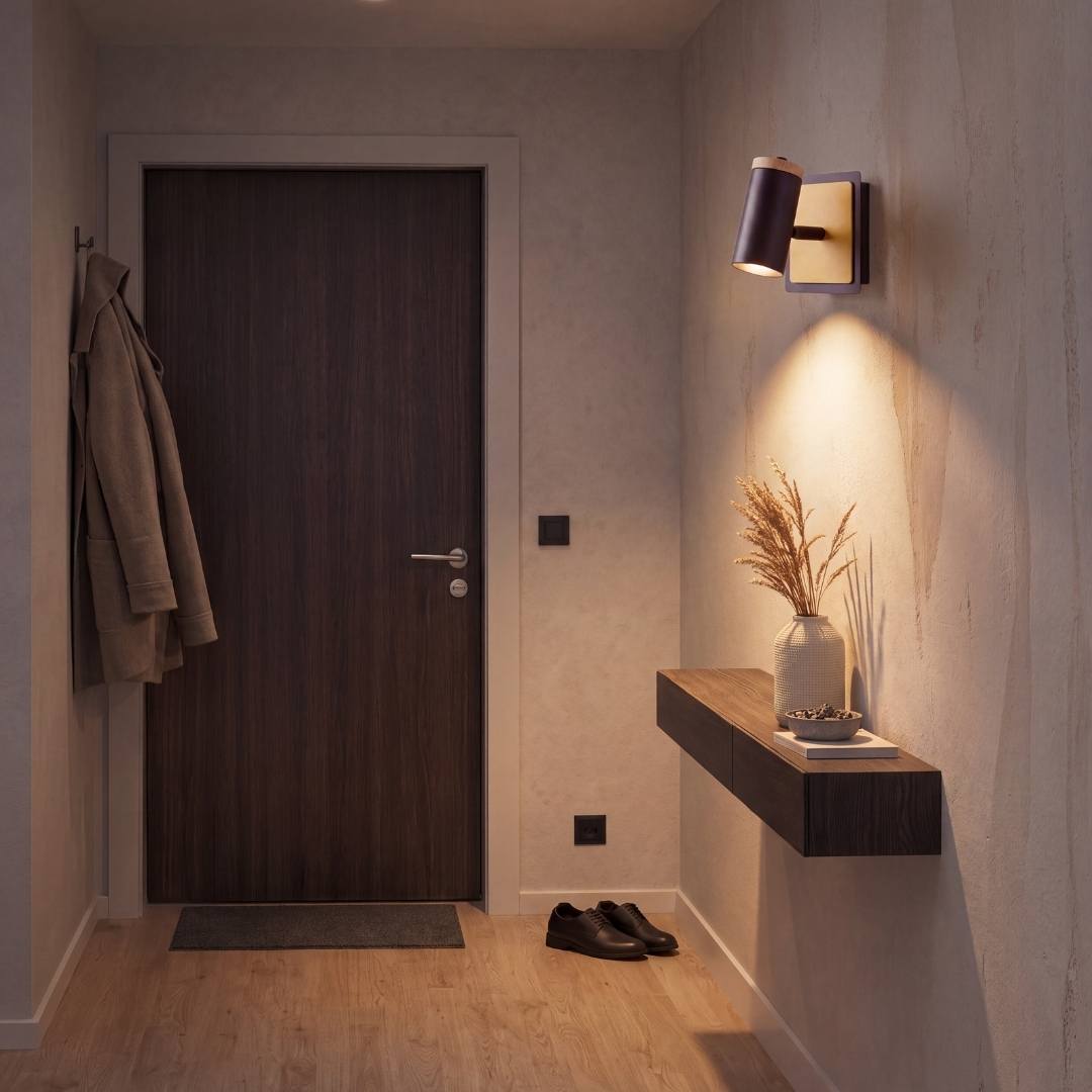 Aplique decorativo iluminando un pasillo moderno con repisa de madera
