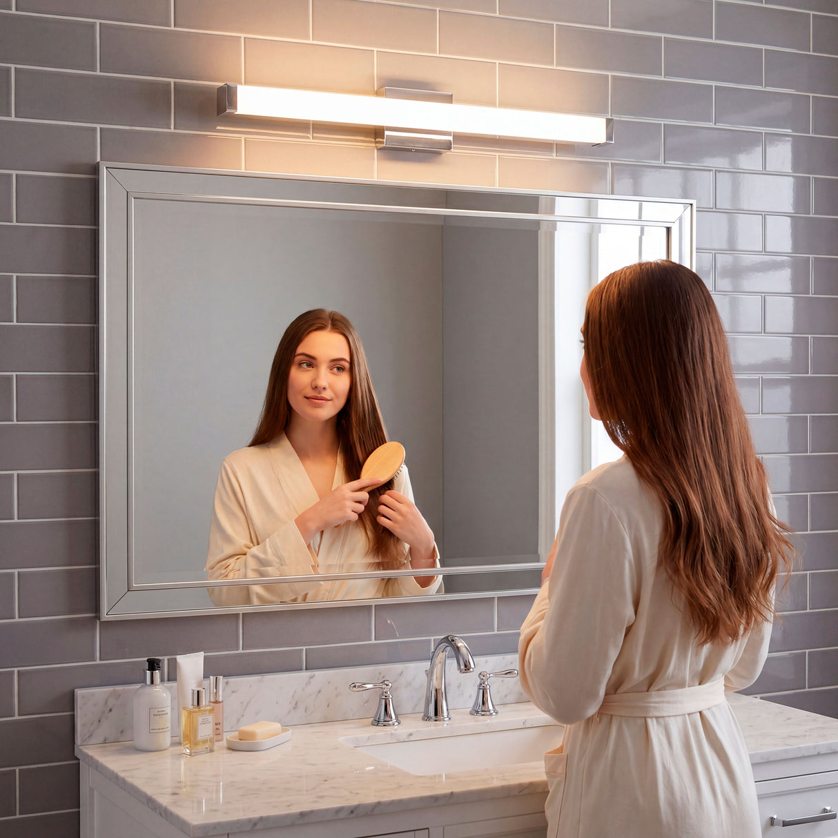 Mujer peinándose frente a espejo de baño iluminado por aplique LED Julieta Silver.
