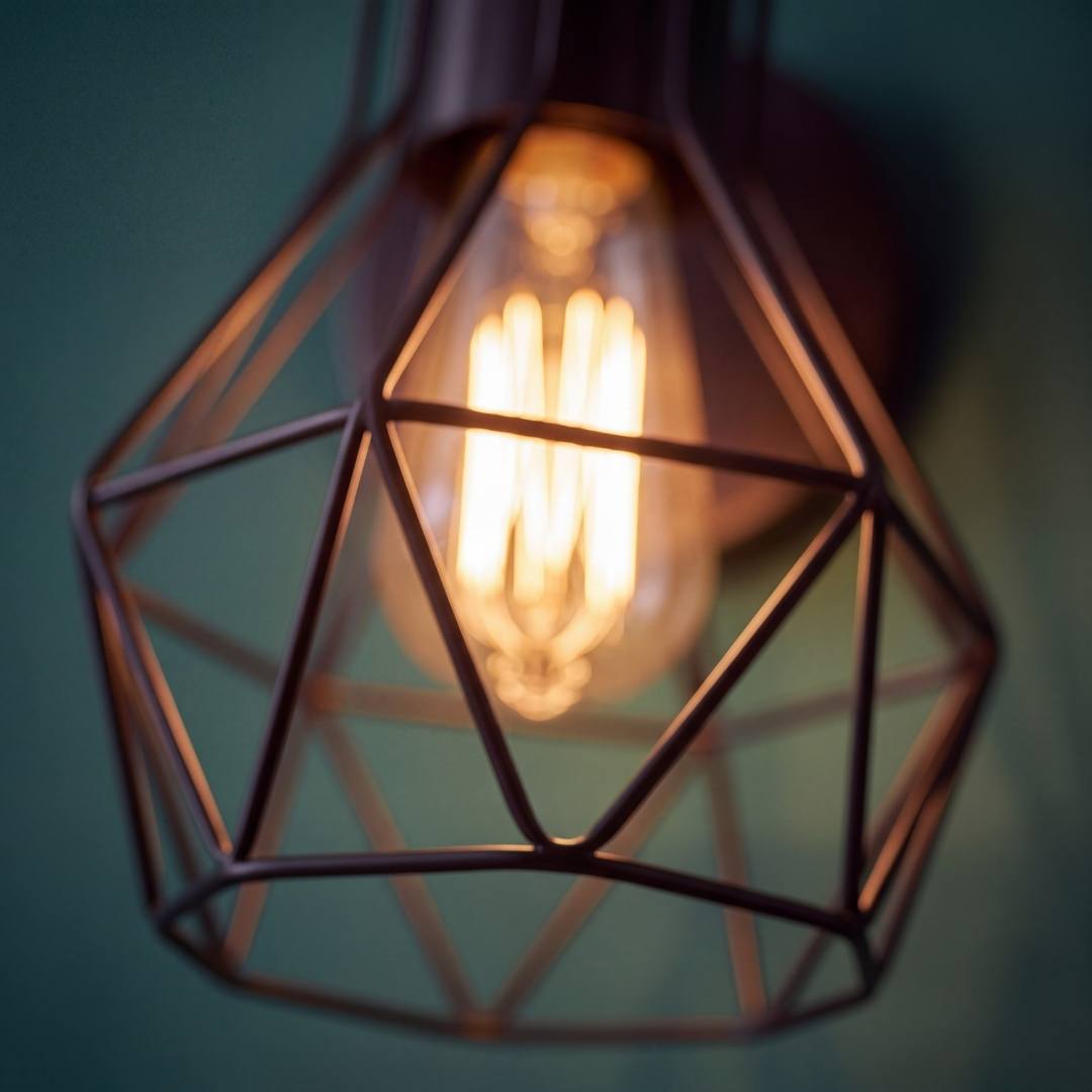Detalle de la jaula geométrica de metal negro con foco filamento referencial