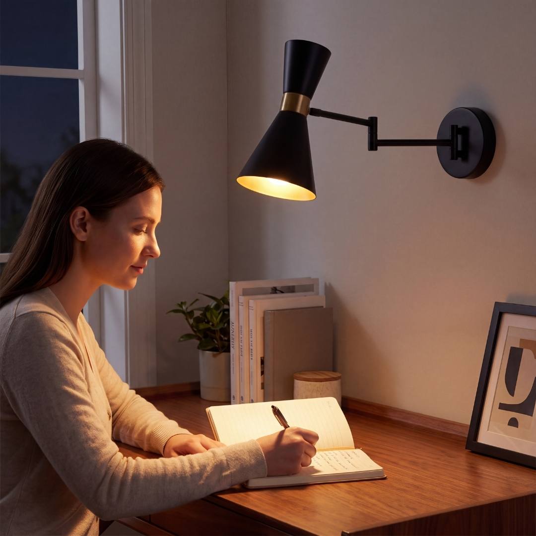 Mujer trabajando en escritorio bajo la luz del aplique de pared articulable negro
