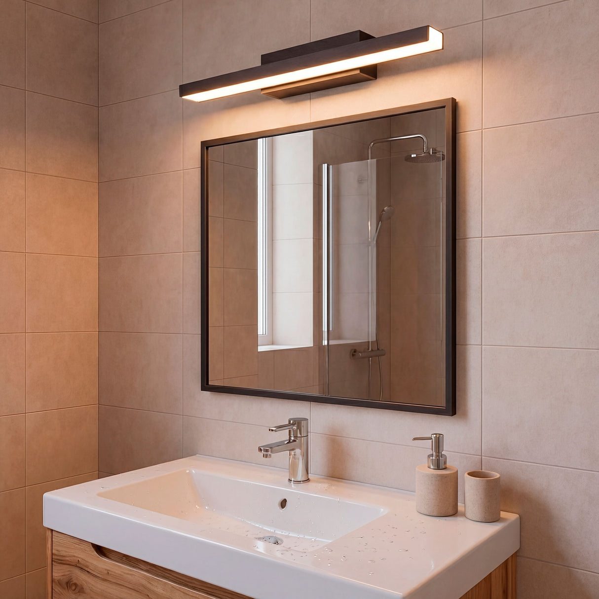 Lámpara Joselyn Black en baño de diseño con mobiliario de madera y tonos tierra.