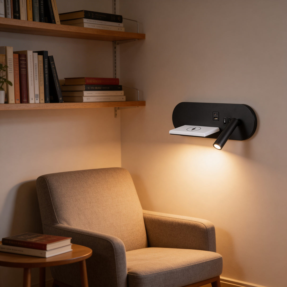 Luminaria de pared con doble encendido en zona de descanso con mobiliario moderno.
