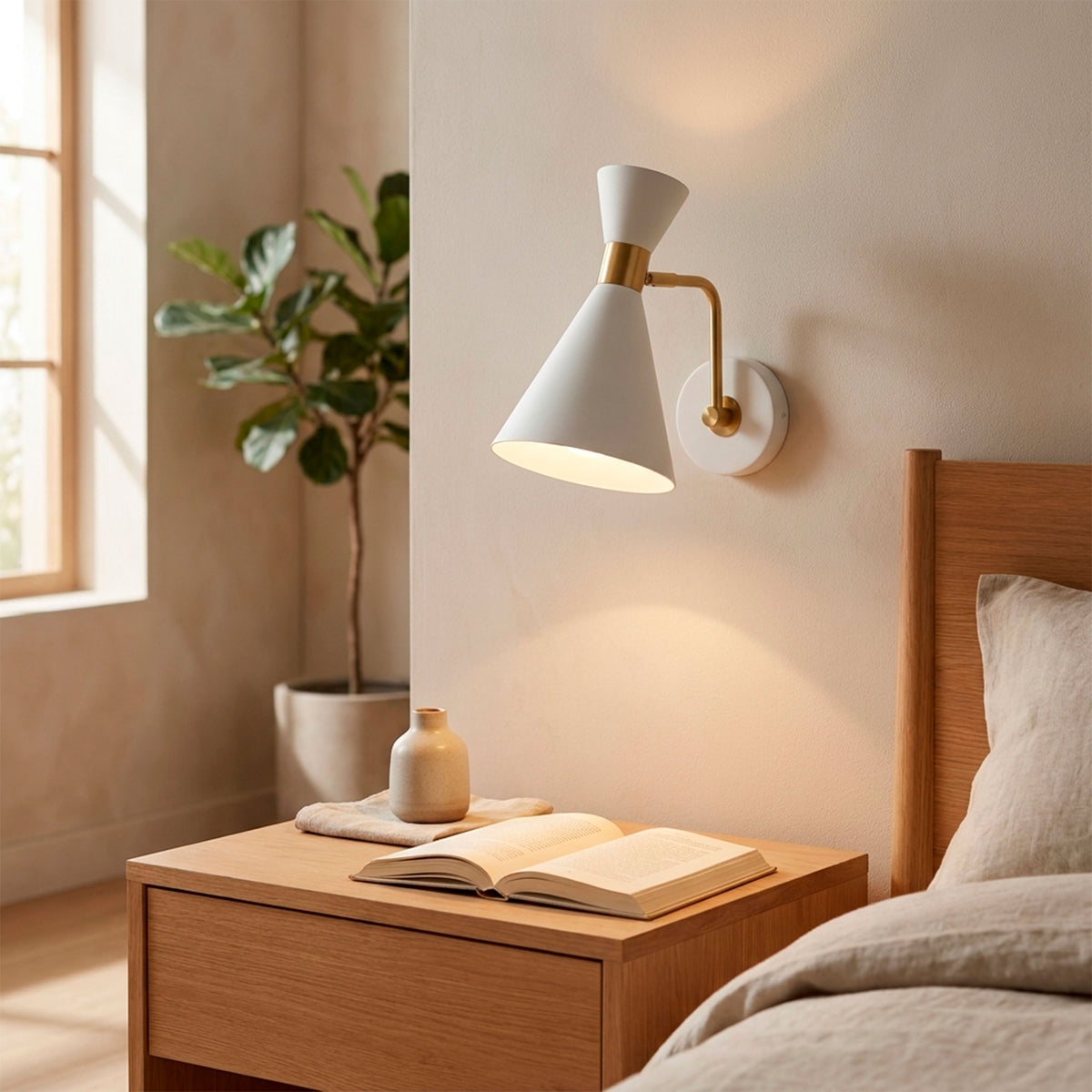 Luminaria de pared cónica en acabado blanco con latón para proyectos de iluminación técnica residencial.