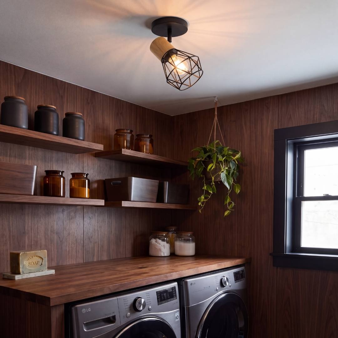 Aplique negro con luz cálida en cocina con repisas de madera