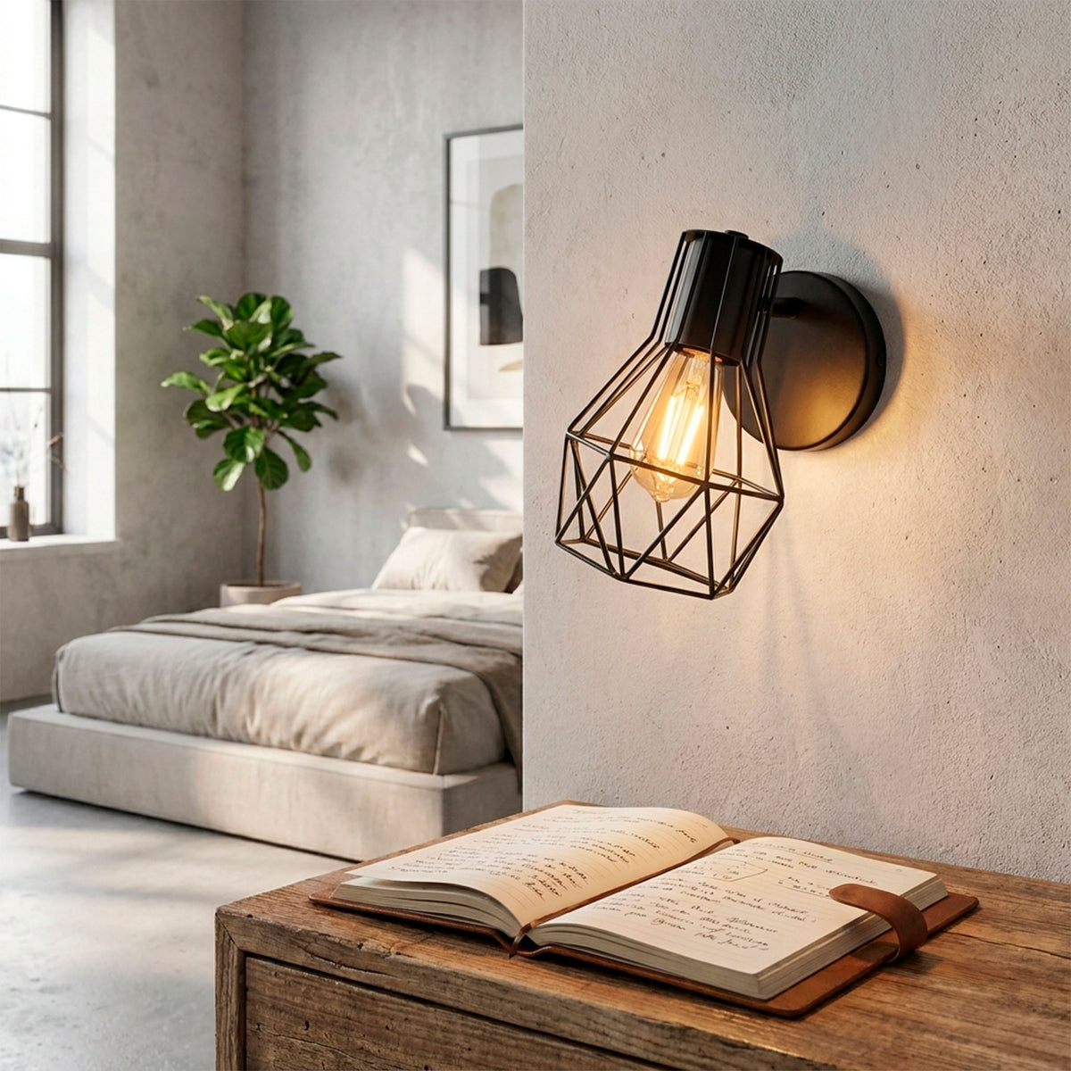 Aplique de pared con jaula geométrica en aluminio negro mate e iluminación cálida para dormitorios.