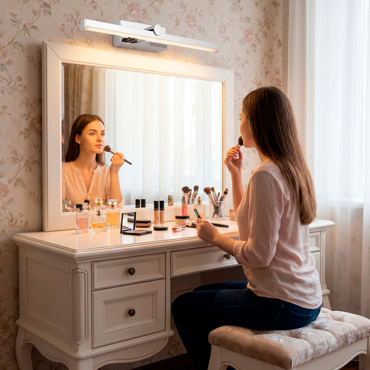 Iluminación de alta calidad para zona de maquillaje sobre escritorio clásico de madera.