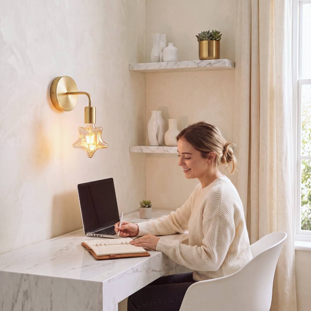 Aplique de pared iluminando a mujer trabajando en el escritorio