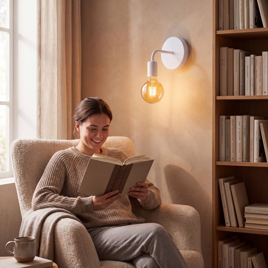 Aplique iluminando a mujer leyendo junto a la ventana