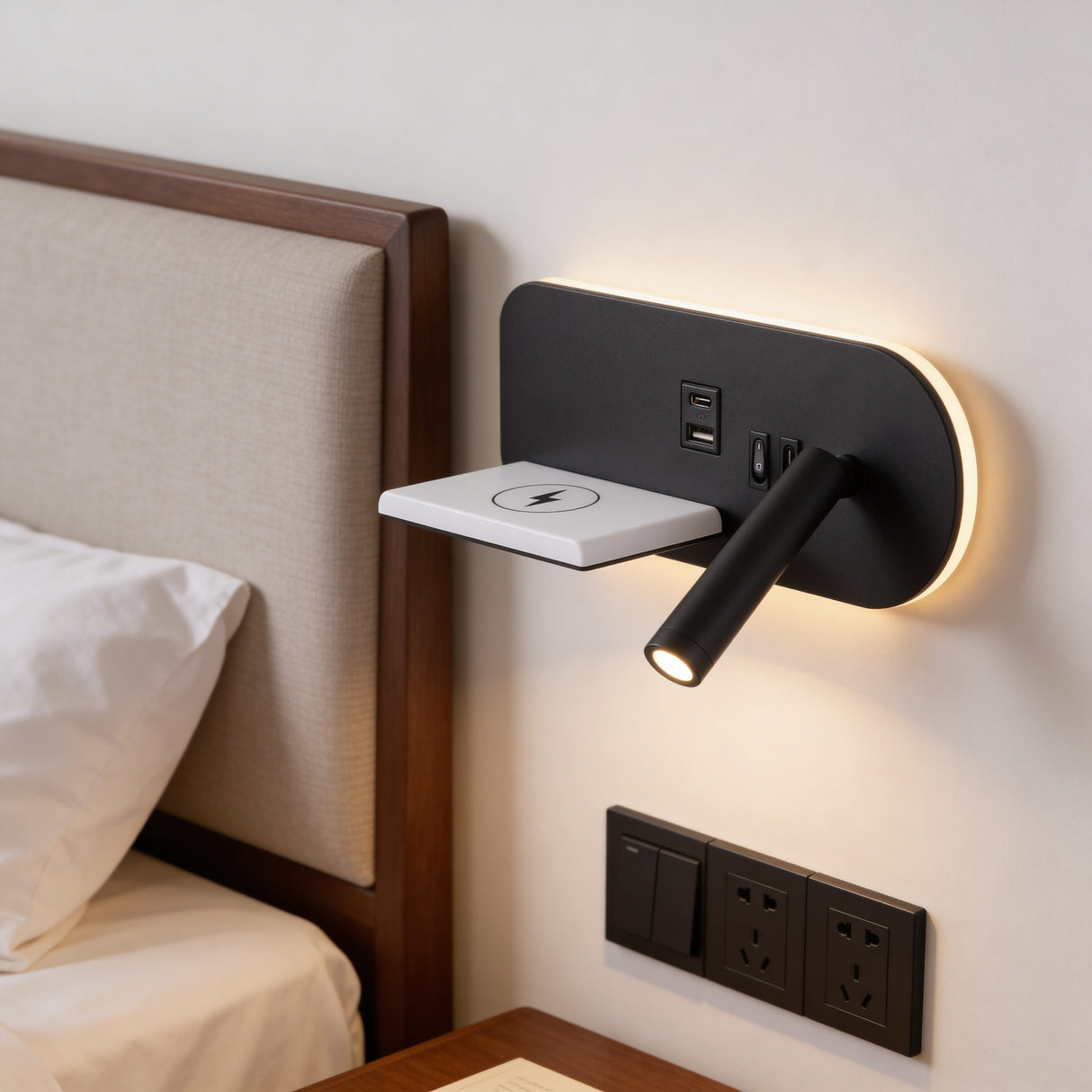Aplique negro con luz de lectura orientable y estante de carga inalámbrica en cabecero.