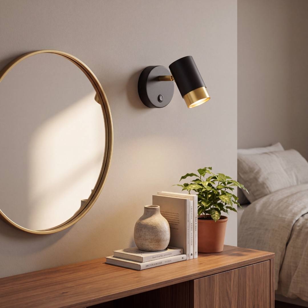 Aplique de pared negro y dorado junto al espejo del dormitorio