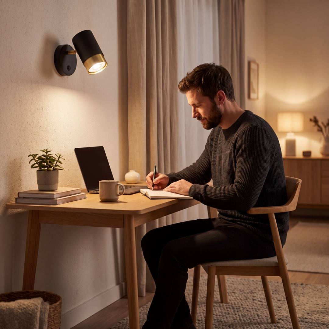 Aplique de pared iluminando el escritorio de trabajo con luz cálida