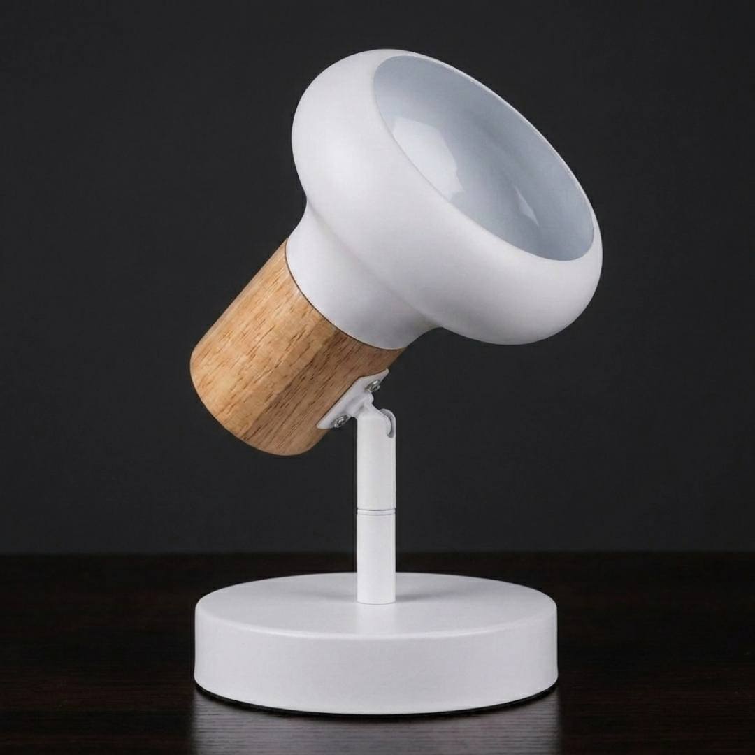 Spot orientable blanco con madera visto de perfil
