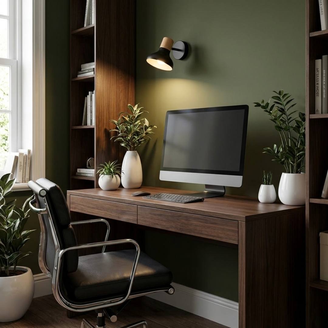 Spot orientable iluminando escritorio de trabajo con monitor