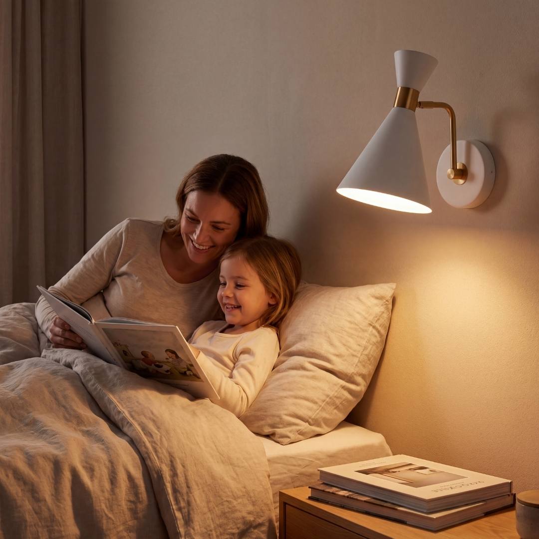 Madre e hija leyendo en la cama bajo la luz cálida del aplique de velador blanco