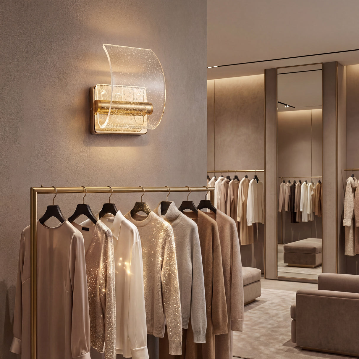 Lámpara de pared Wave Gold en un vestidor de lujo o tienda boutique.