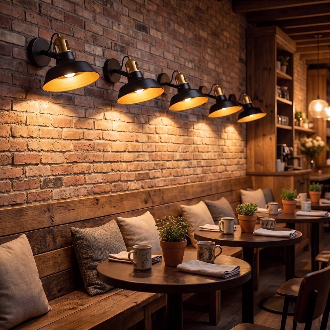 Apliques industriales SOHO en serie sobre muro de ladrillo en una cafetería