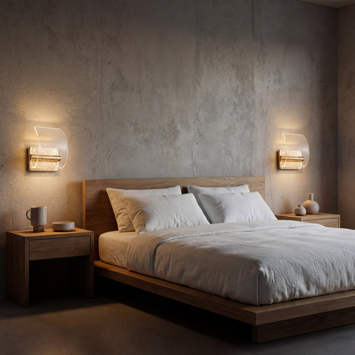 Lámparas Wave Gold instaladas sobre mesas de noche en dormitorio principal.