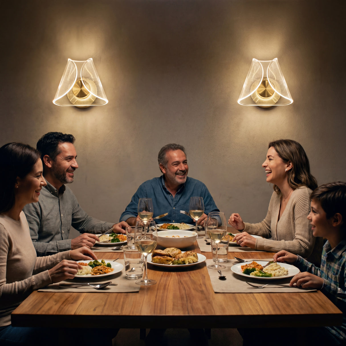 Dos lámparas Pyramid Gold en posición vertical iluminando una cena familiar en el comedor.