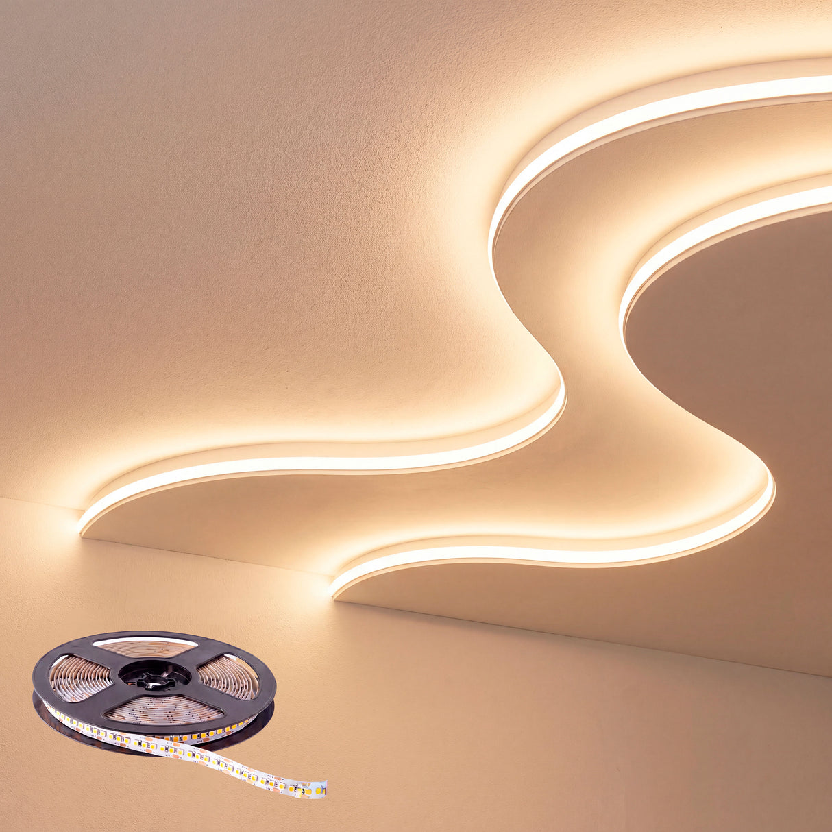 Trazo sinuoso de luz difusa que demuestra la maleabilidad técnica en estructuras arquitectónicas curvas.