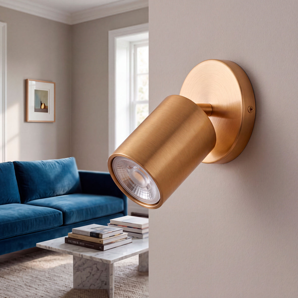 Spot articulado de pared aportando un baño de luz focalizado sobre área social con acabados premium.