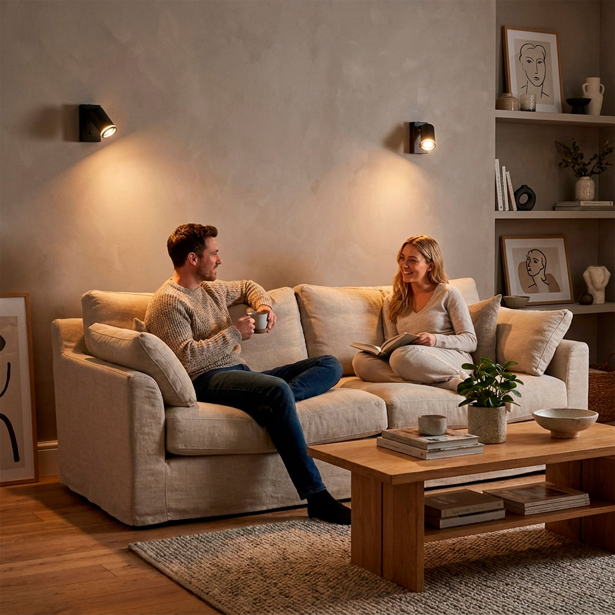 Espacio living moderno iluminado por luminarias técnicas de pared negras con diseño minimalista.