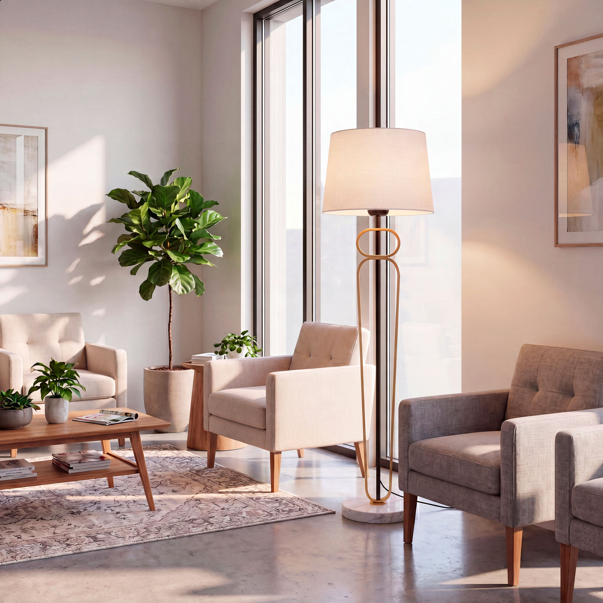Salón residencial de concepto abierto y techos altos con luz perimetral junto a amplios ventanales.