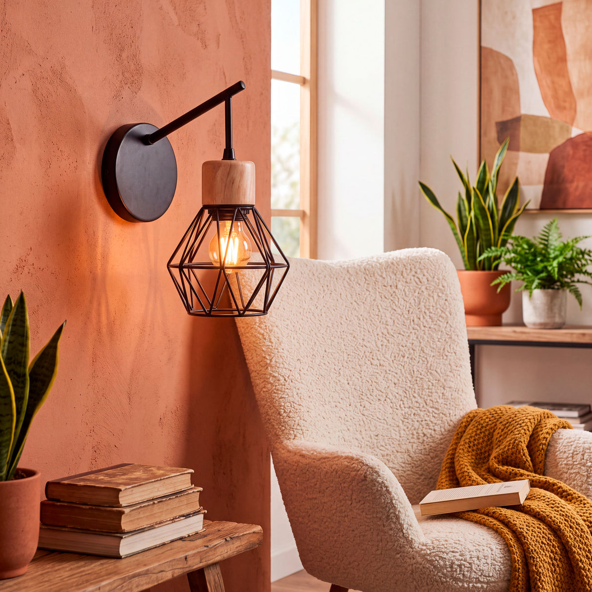Punto de luz focalizado de estilo industrial integrado sobre pared terracota en salón moderno.