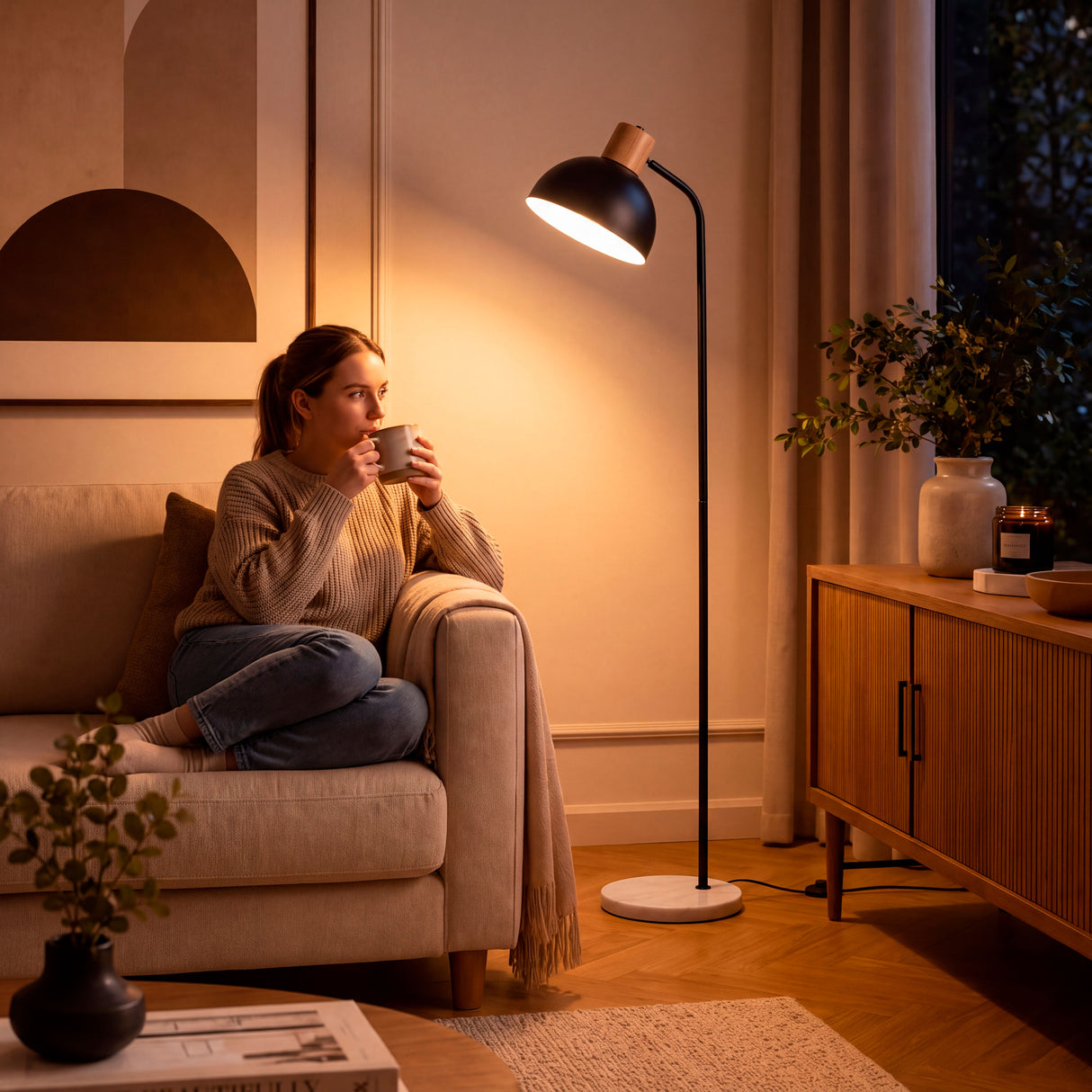 Atmósfera acogedora en salón residencial complementada con luz de sobreponer en esquina.