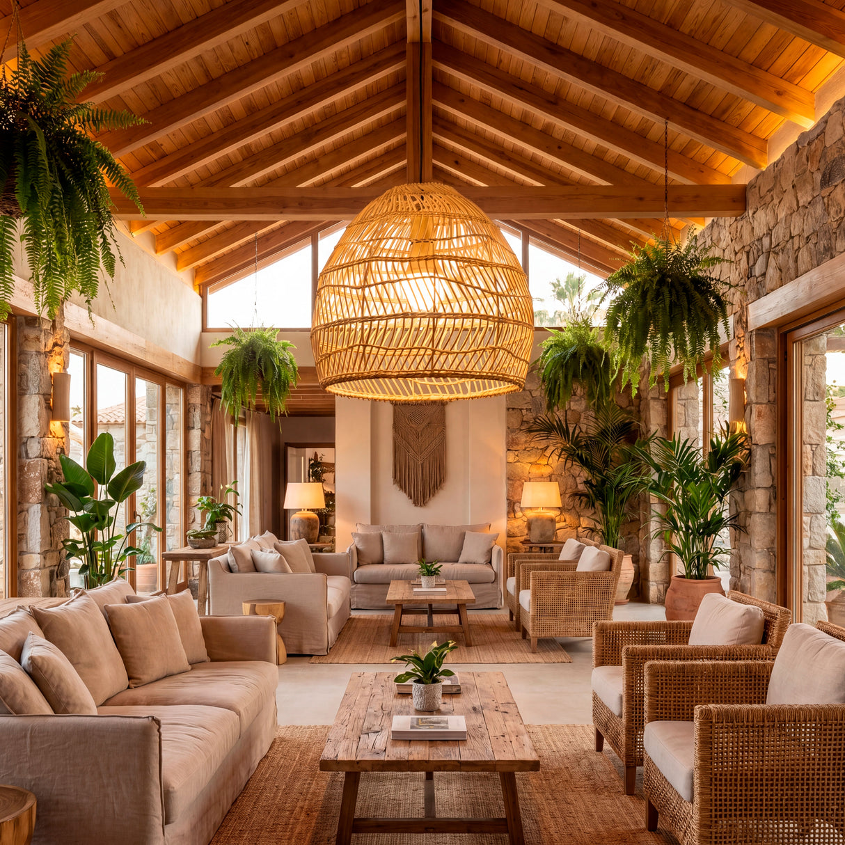Lámpara de mimbre en salón de grandes dimensiones con vigas de madera y luz suave.