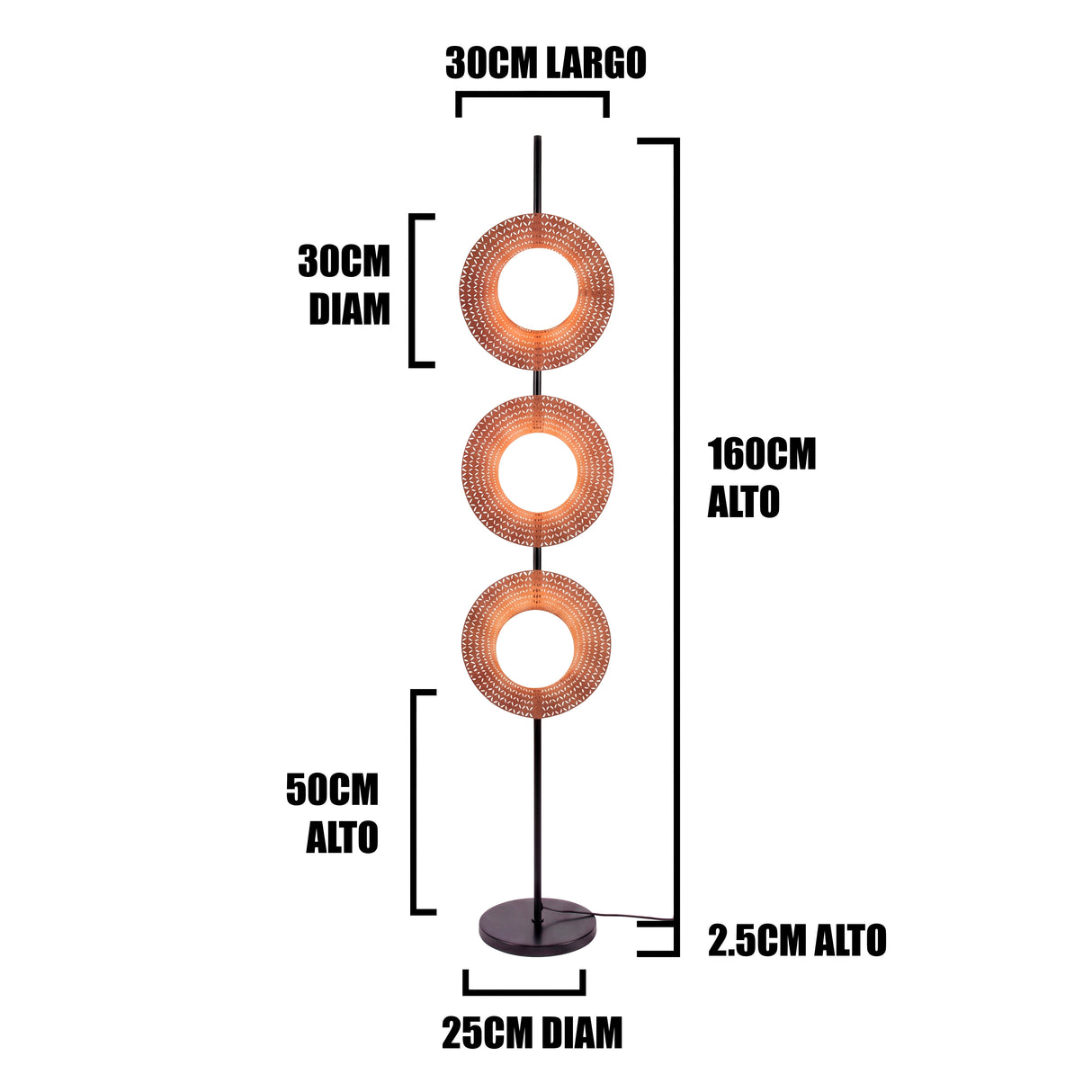 Diagrama de cotas de una estructura vertical de 160cm de alto para distribución de iluminación.