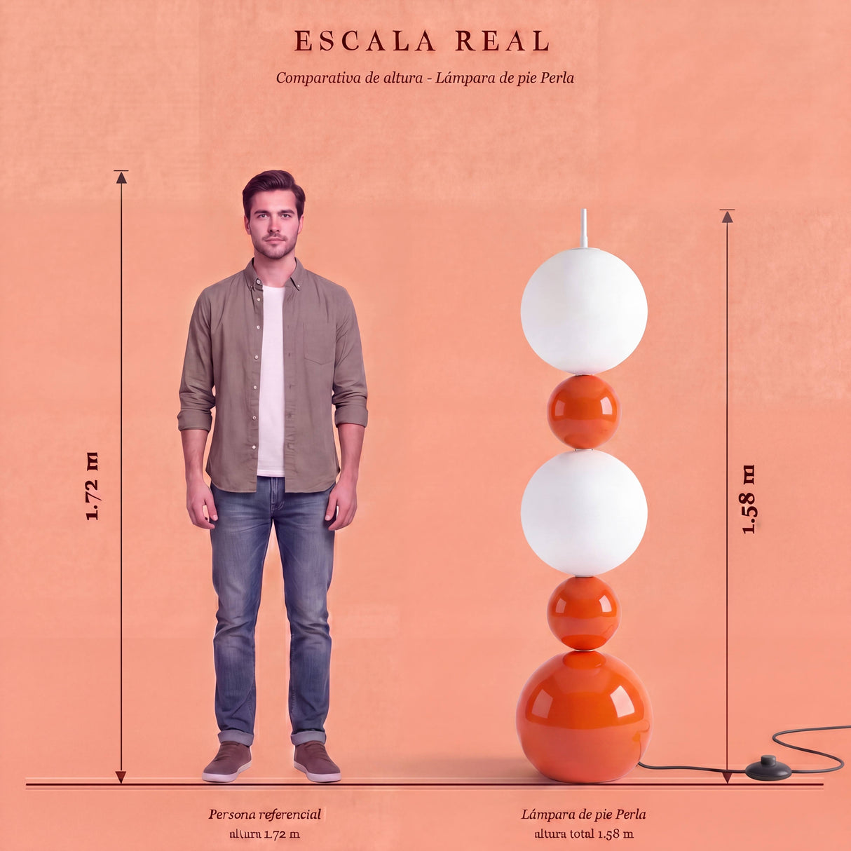 Infografía de proporción que compara la altura de un hombre con la de la lámpara de pie moderna.