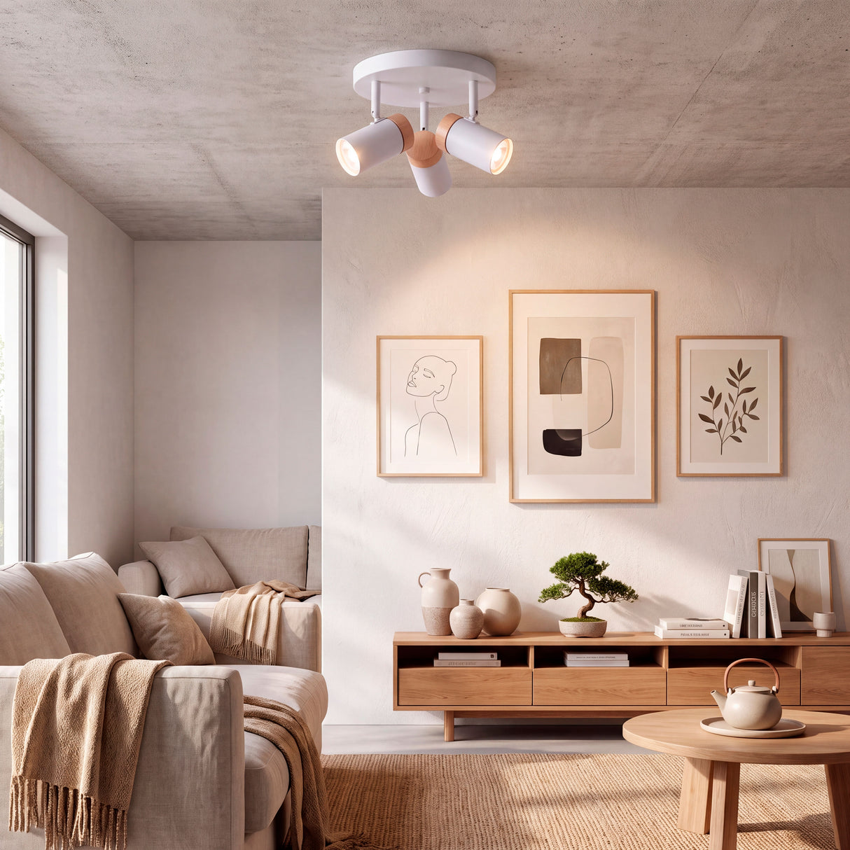 Salón minimalista iluminado mediante luz cenital de alta eficiencia para espacios de estar.