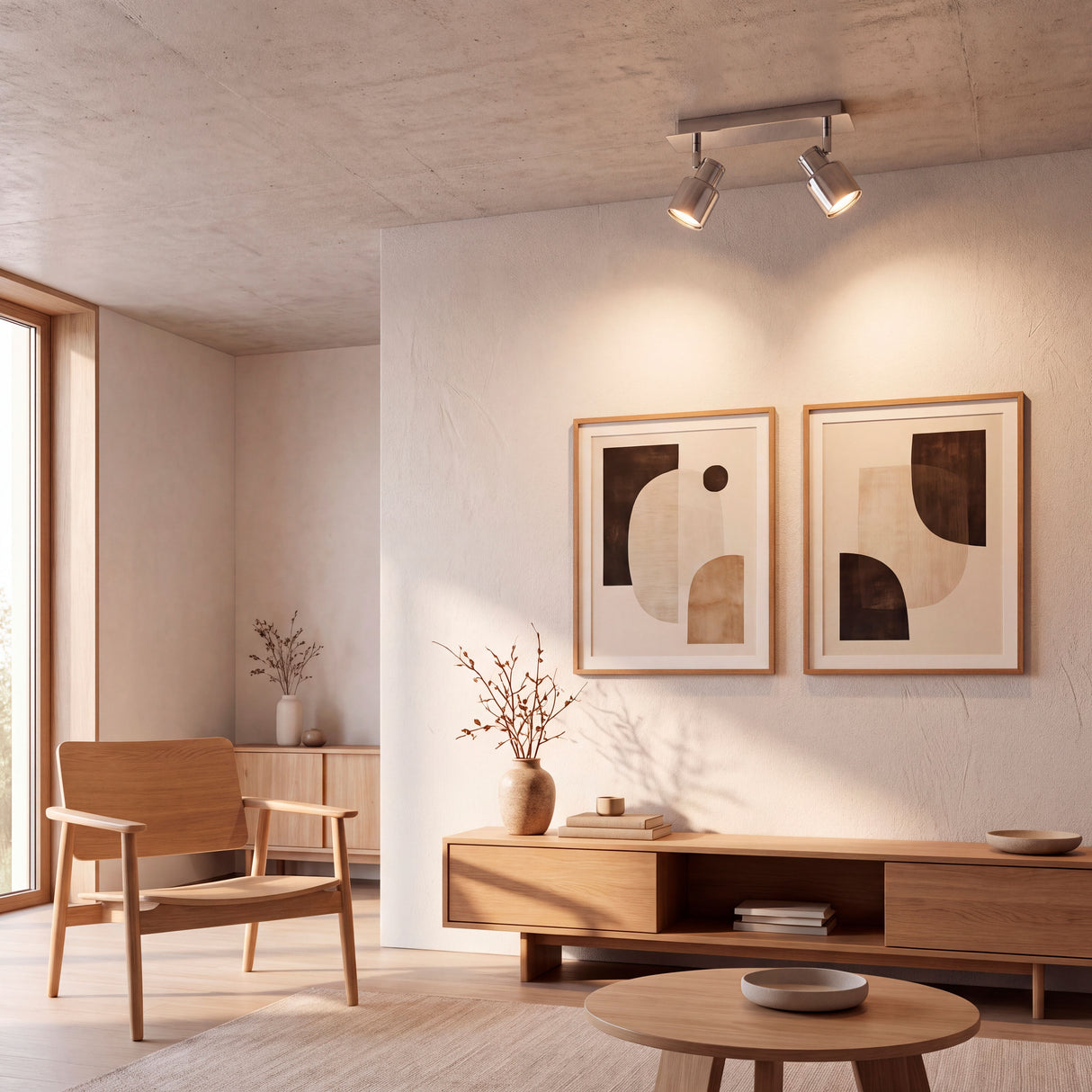 Baño de luz cenital proyectado sobre estancia contemporánea para optimizar el confort.