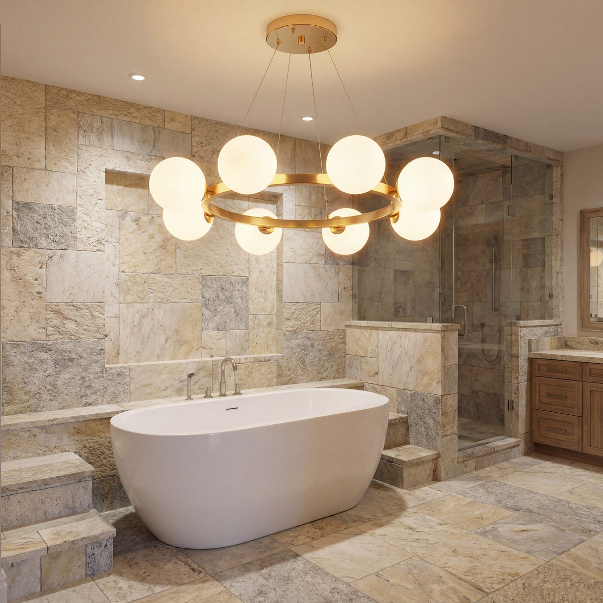 Iluminacion para baño tipo spa con la lampara Collier Gold suspendida sobre una tina de baño blanca.