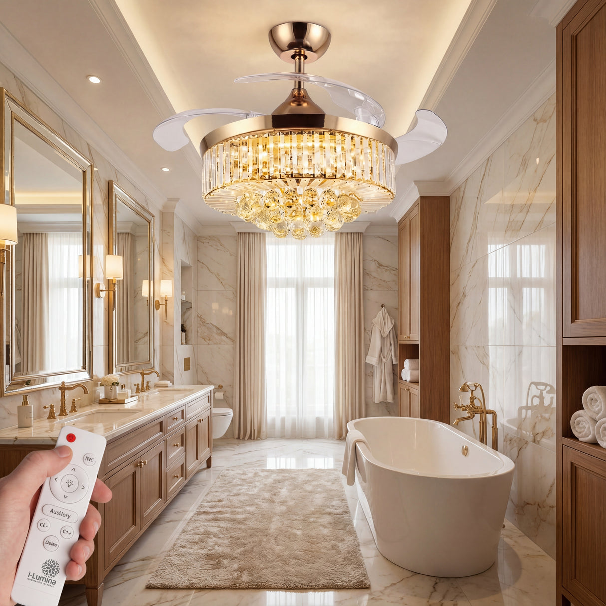 Cuarto de baño tipo spa con bañera exótica y ventilador de cristal dorado.