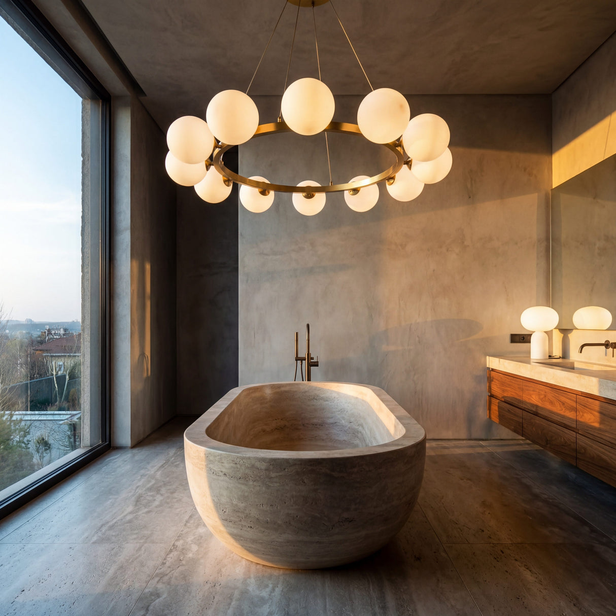 Iluminacion para baño de diseño spa con la lampara Collier Gold suspendida sobre una tina de piedra.