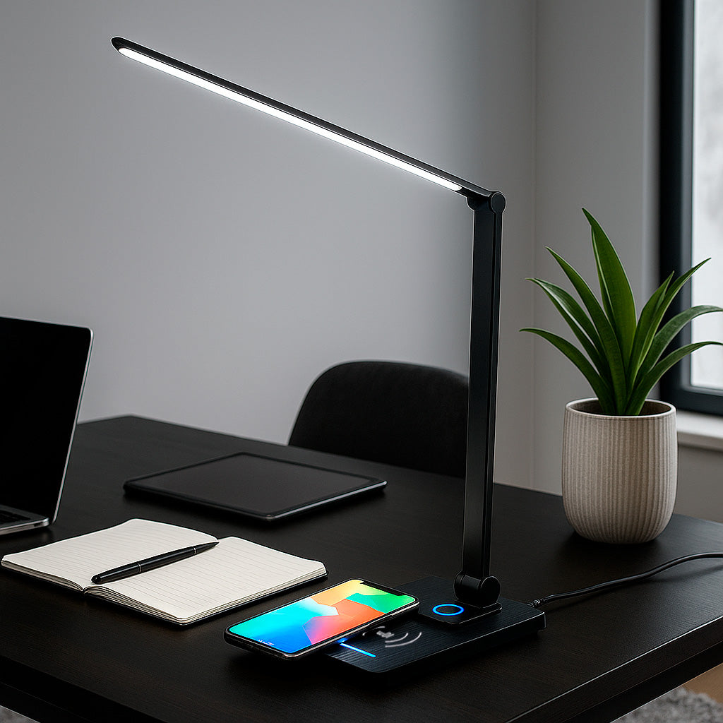 LÁMPARA DE ESCRITORIO HOTEL LUX BLACK LED DIMMABLE + CARGADOR INALÁMBRICO WIRELESS