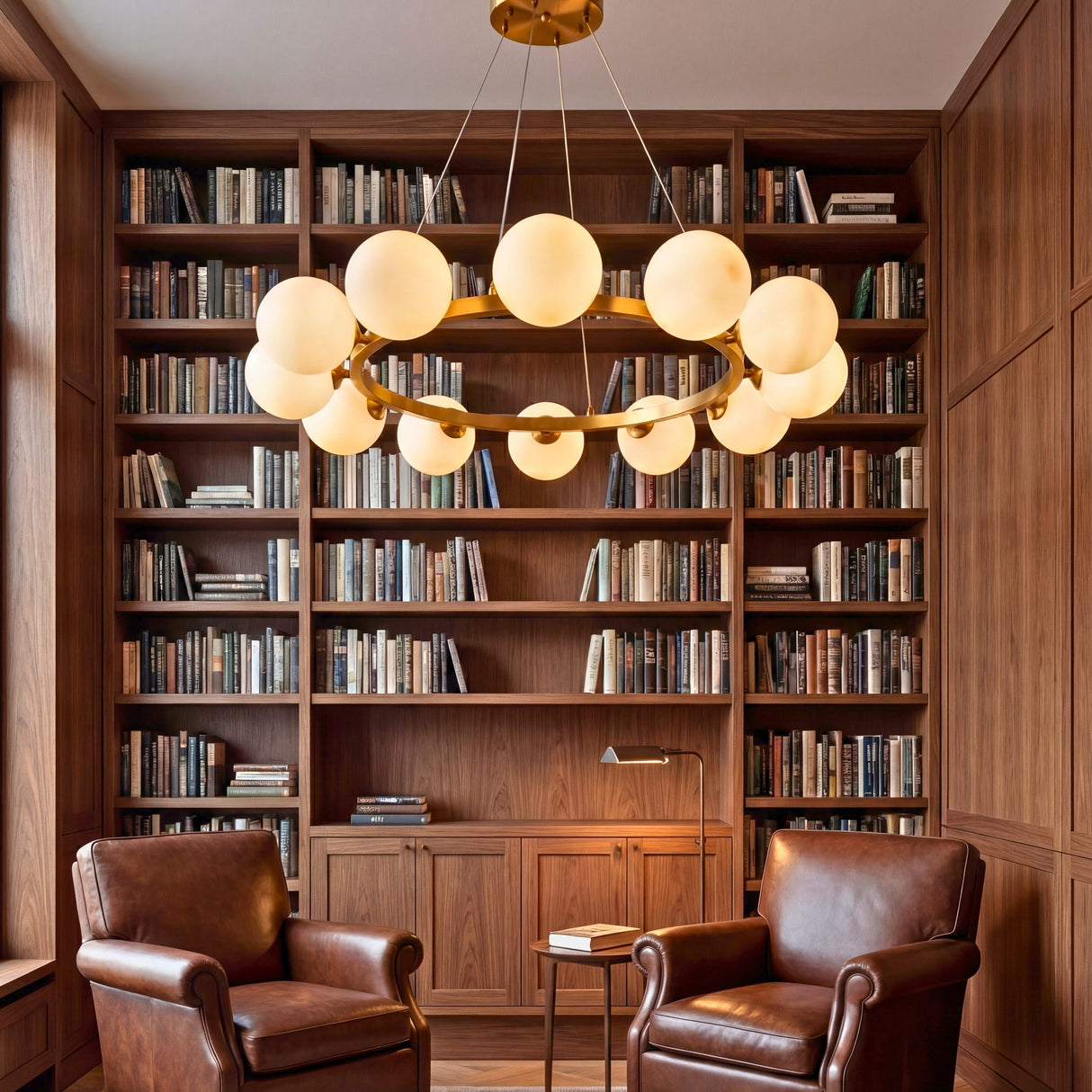 Lampara circular Collier Gold instalada en una biblioteca privada con sillones de cuero y luz calida.