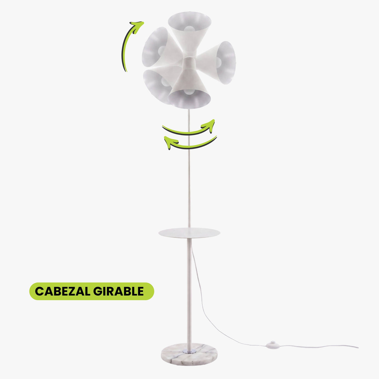 Esquema gráfico que detalla los ángulos de rotación horizontal del cabezal superior orientable.