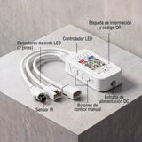 Primer plano de los cables y el receptor de iluminación LED, destacando los conectores y el escáner de código QR.