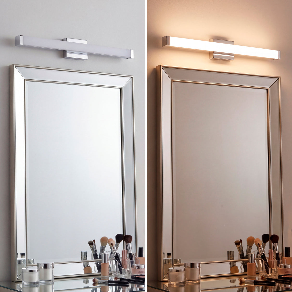 Comparativa de luz blanca fría y cálida en el aplique Julieta para maquillaje y relax.